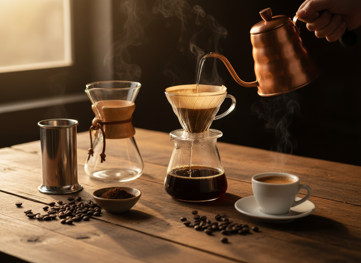 Métodos de preparación de café: V60, Chemex y espresso.