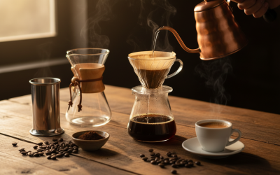 Métodos de preparación de café: V60, Chemex y espresso.